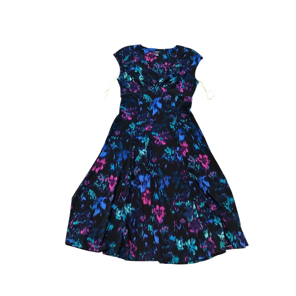 Chaps Womens Abstract Floral V-Neck Twist Front Midi Dress Blue Purple Size M